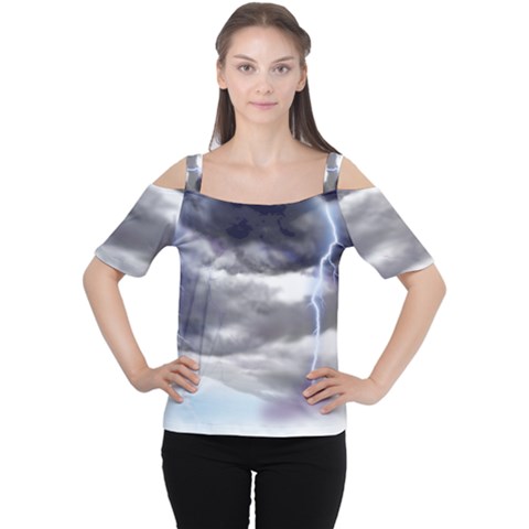 Thunder And Lightning Weather Clouds Painted Cartoon Cutout Shoulder Tee by Sudhe