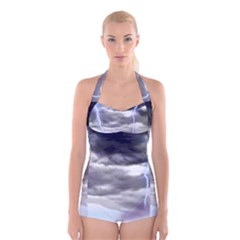 Thunder And Lightning Weather Clouds Painted Cartoon Boyleg Halter Swimsuit  by Sudhe