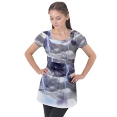 Thunder And Lightning Weather Clouds Painted Cartoon Puff Sleeve Tunic Top by Sudhe