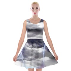 Thunder And Lightning Weather Clouds Painted Cartoon Velvet Skater Dress by Sudhe