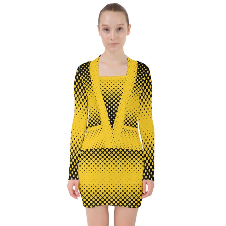 Dot Halftone Pattern Vector V-neck Bodycon Long Sleeve Dress