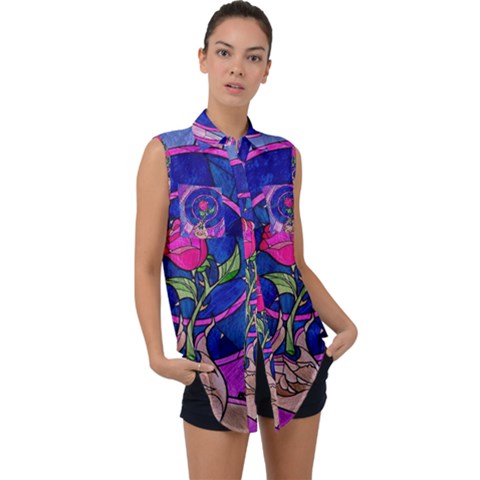 Enchanted Rose Stained Glass Sleeveless Chiffon Button Shirt by Sudhe