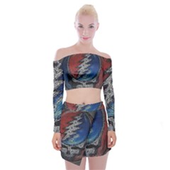 Grateful Dead Logo Off Shoulder Top With Mini Skirt Set by Sudhe