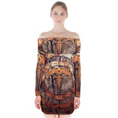 Queensryche Heavy Metal Hard Rock Bands Logo On Wood Long Sleeve Off Shoulder Dress by Sudhe