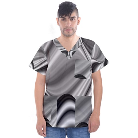 Waves Black And White Modern Men s V-neck Scrub Top by Pakrebo