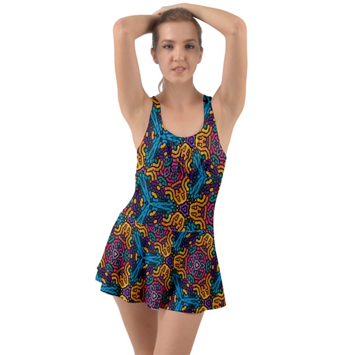 Grubby Colors Kaleidoscope Pattern Ruffle Top Dress Swimsuit