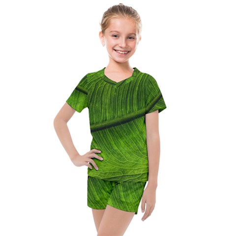 Green Leaf Plant Freshness Color Kids  Mesh Tee And Shorts Set by Pakrebo