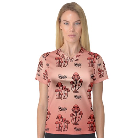 Funny Mushroom Pattern V-neck Sport Mesh Tee by FantasyWorld7