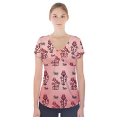 Funny Mushroom Pattern Short Sleeve Front Detail Top by FantasyWorld7