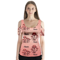 Funny Mushroom Pattern Butterfly Sleeve Cutout Tee 