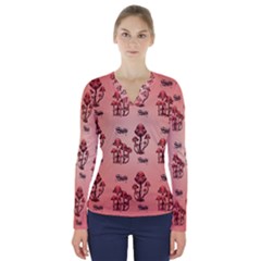 Funny Mushroom Pattern V-neck Long Sleeve Top by FantasyWorld7