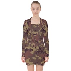 Camo Dark Brown V-neck Bodycon Long Sleeve Dress