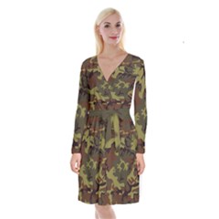 Camo Green Brown Long Sleeve Velvet Front Wrap Dress by retrotoomoderndesigns