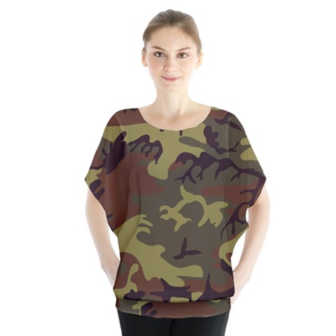 Camo Green Brown Batwing Chiffon Blouse by retrotoomoderndesigns