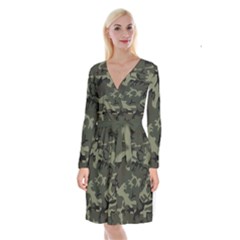 Camo Dark Green Long Sleeve Velvet Front Wrap Dress by retrotoomoderndesigns