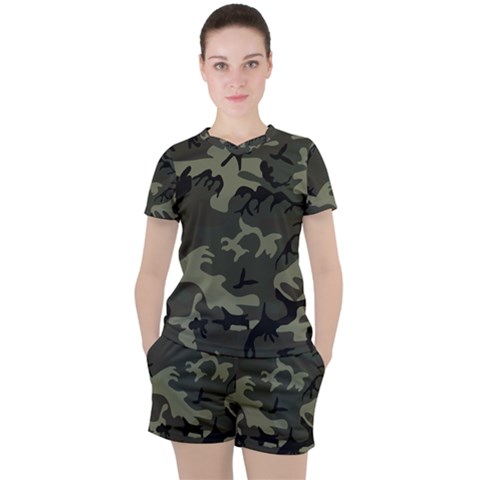 Camo Dark Green Women s Tee And Shorts Set by retrotoomoderndesigns