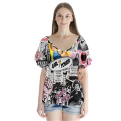 Feminism Collage  V-neck Flutter Sleeve Top by Valentinaart