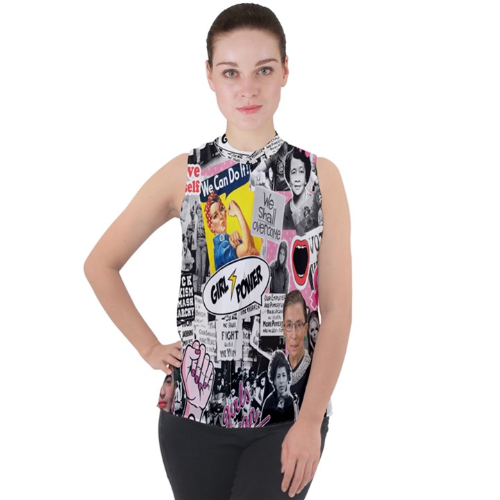 Feminism collage  Mock Neck Chiffon Sleeveless Top