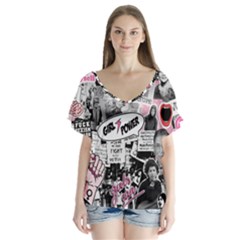 Feminism Collage  V-neck Flutter Sleeve Top by Valentinaart