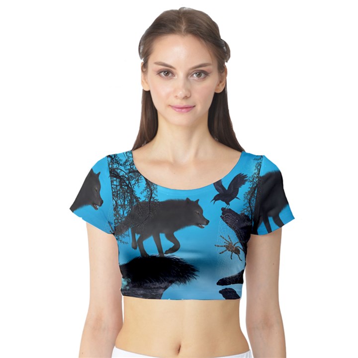 Awesome Black Wolf With Crow And Spider Short Sleeve Crop Top