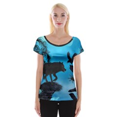 Awesome Black Wolf With Crow And Spider Cap Sleeve Top by FantasyWorld7