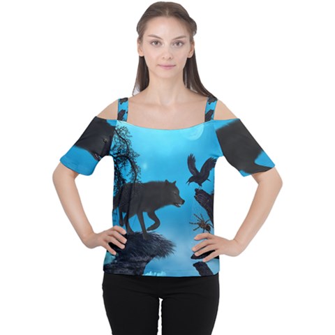 Awesome Black Wolf With Crow And Spider Cutout Shoulder Tee by FantasyWorld7