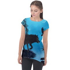 Awesome Black Wolf With Crow And Spider Cap Sleeve High Low Top by FantasyWorld7