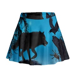 Awesome Black Wolf With Crow And Spider Mini Flare Skirt by FantasyWorld7