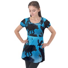 Awesome Black Wolf With Crow And Spider Puff Sleeve Tunic Top