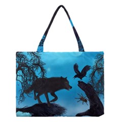 Awesome Black Wolf With Crow And Spider Medium Tote Bag by FantasyWorld7