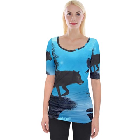 Awesome Black Wolf With Crow And Spider Wide Neckline Tee by FantasyWorld7