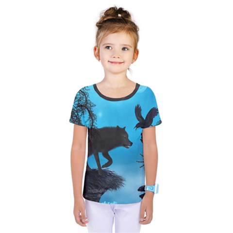 Awesome Black Wolf With Crow And Spider Kids  One Piece Tee by FantasyWorld7