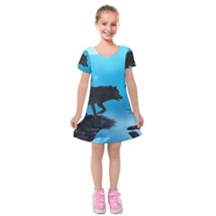 Awesome Black Wolf With Crow And Spider Kids  Short Sleeve Velvet Dress by FantasyWorld7