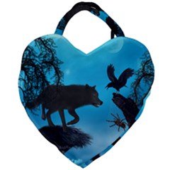 Awesome Black Wolf With Crow And Spider Giant Heart Shaped Tote by FantasyWorld7