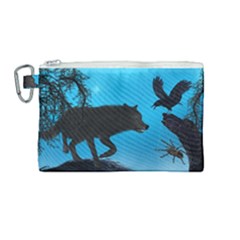 Awesome Black Wolf With Crow And Spider Canvas Cosmetic Bag (medium) by FantasyWorld7