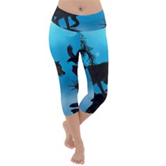 Awesome Black Wolf With Crow And Spider Lightweight Velour Capri Yoga Leggings by FantasyWorld7