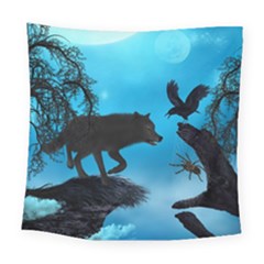 Awesome Black Wolf With Crow And Spider Square Tapestry (large)