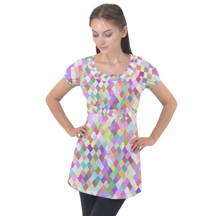 Mosaic Colorful Pattern Geometric Puff Sleeve Tunic Top