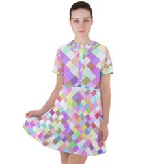 Mosaic Colorful Pattern Geometric Short Sleeve Shoulder Cut Out Dress 