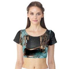 Spirit Of Steampunk, Awesome Train In The Sky Short Sleeve Crop Top by FantasyWorld7