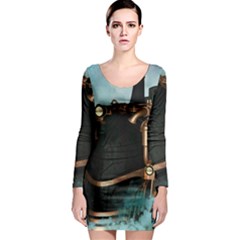 Spirit Of Steampunk, Awesome Train In The Sky Long Sleeve Bodycon Dress