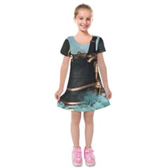 Spirit Of Steampunk, Awesome Train In The Sky Kids  Short Sleeve Velvet Dress by FantasyWorld7