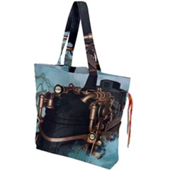 Spirit Of Steampunk, Awesome Train In The Sky Drawstring Tote Bag by FantasyWorld7