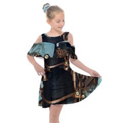 Spirit Of Steampunk, Awesome Train In The Sky Kids  Shoulder Cutout Chiffon Dress by FantasyWorld7