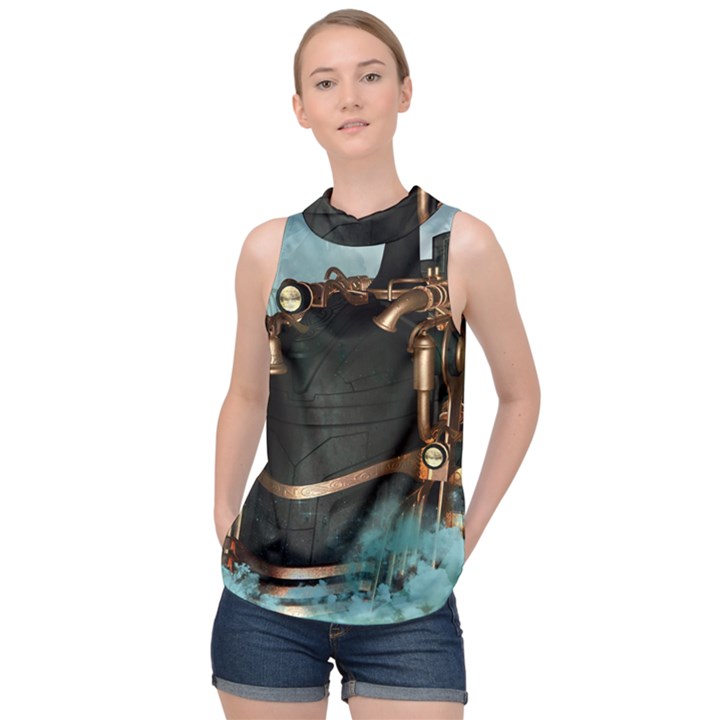 Spirit Of Steampunk, Awesome Train In The Sky High Neck Satin Top