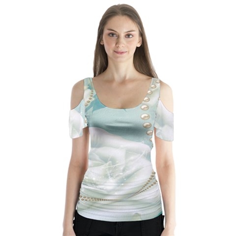 Wonderful Roses In Soft Colors Butterfly Sleeve Cutout Tee  by FantasyWorld7