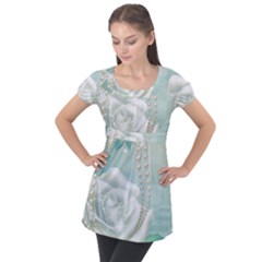 Wonderful Roses In Soft Colors Puff Sleeve Tunic Top