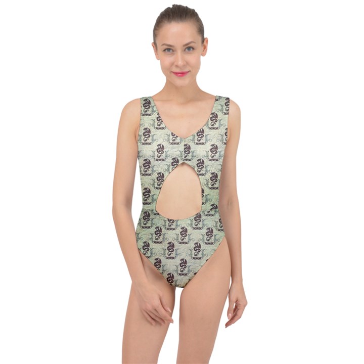 Awesome Chinese Dragon Pattern Center Cut Out Swimsuit