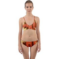 Amber Yellow Stripes Leaves Floral Wrap Around Bikini Set