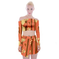 Amber Yellow Stripes Leaves Floral Off Shoulder Top With Mini Skirt Set by Mariart